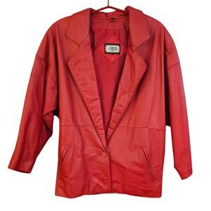 Vintage Toffs Red Genuine Leather One Button Collared Blazer Jacket  1980s Retro